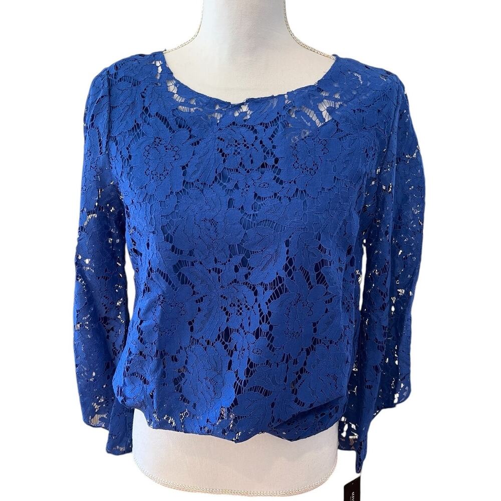 Alfani Lace Flared Sleeve Blouson Top Cobalt Blue M